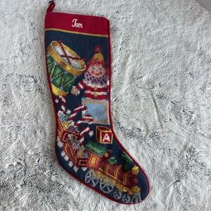 VNTG Needlepoint Personalized Red & Navy Holiday Stocking with Toy Train Design